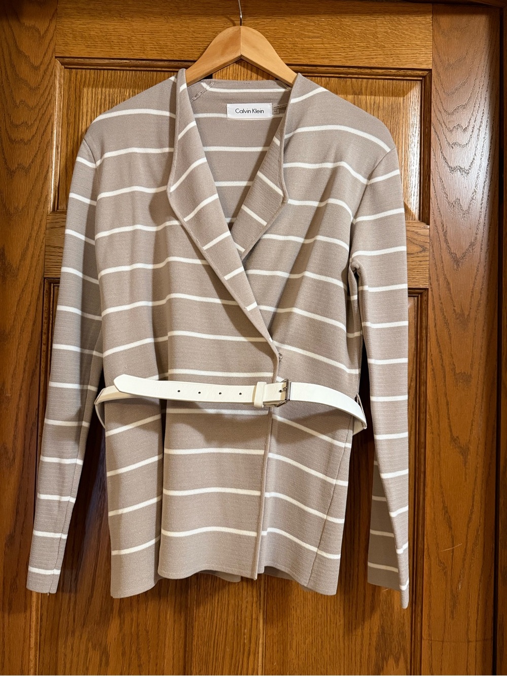 Calvin Klein Taupe and White Striped Belted Knit Wrap Blazer - size medium
